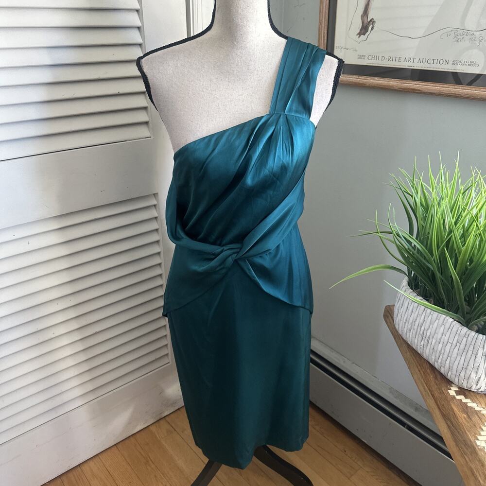 Banana Republic Dress 6 One Shoulder Peacock Stretch Silk Satin Minimalist Glam